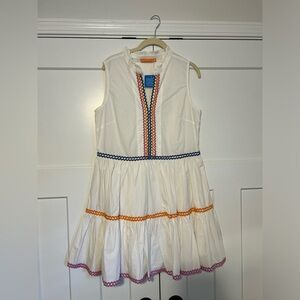 Oliphant Cabo Yoke Dress White Cotton Poplom Ric Rac Trim Women Medium NWT